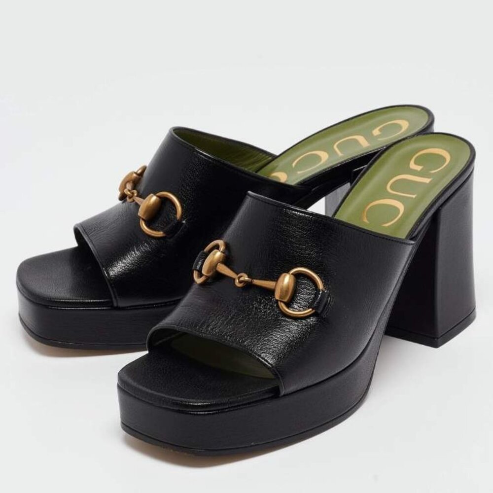 Gucci Black Leather Horsebit Platform Slide Sandal